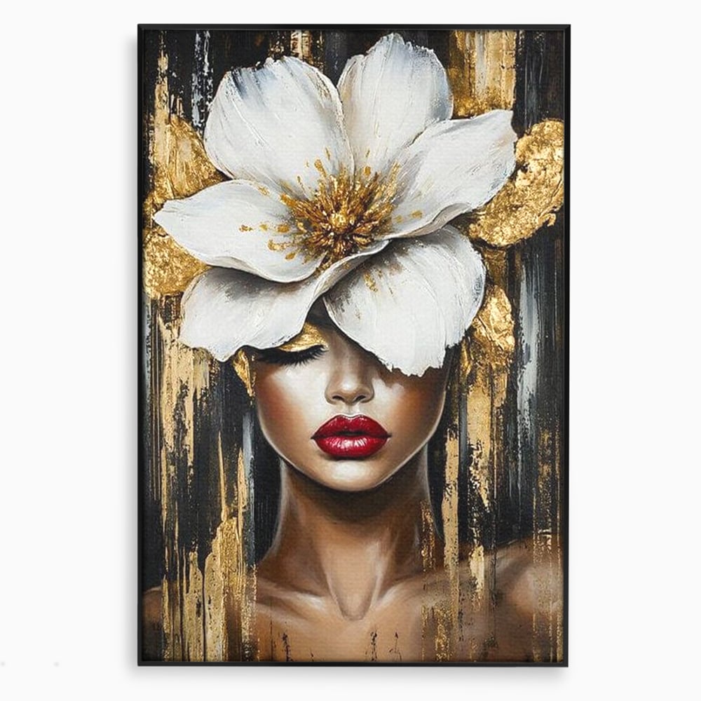 Tablou canvas cu tablou canvas cu portret de femeie si floare, in rama de aluminiu negru